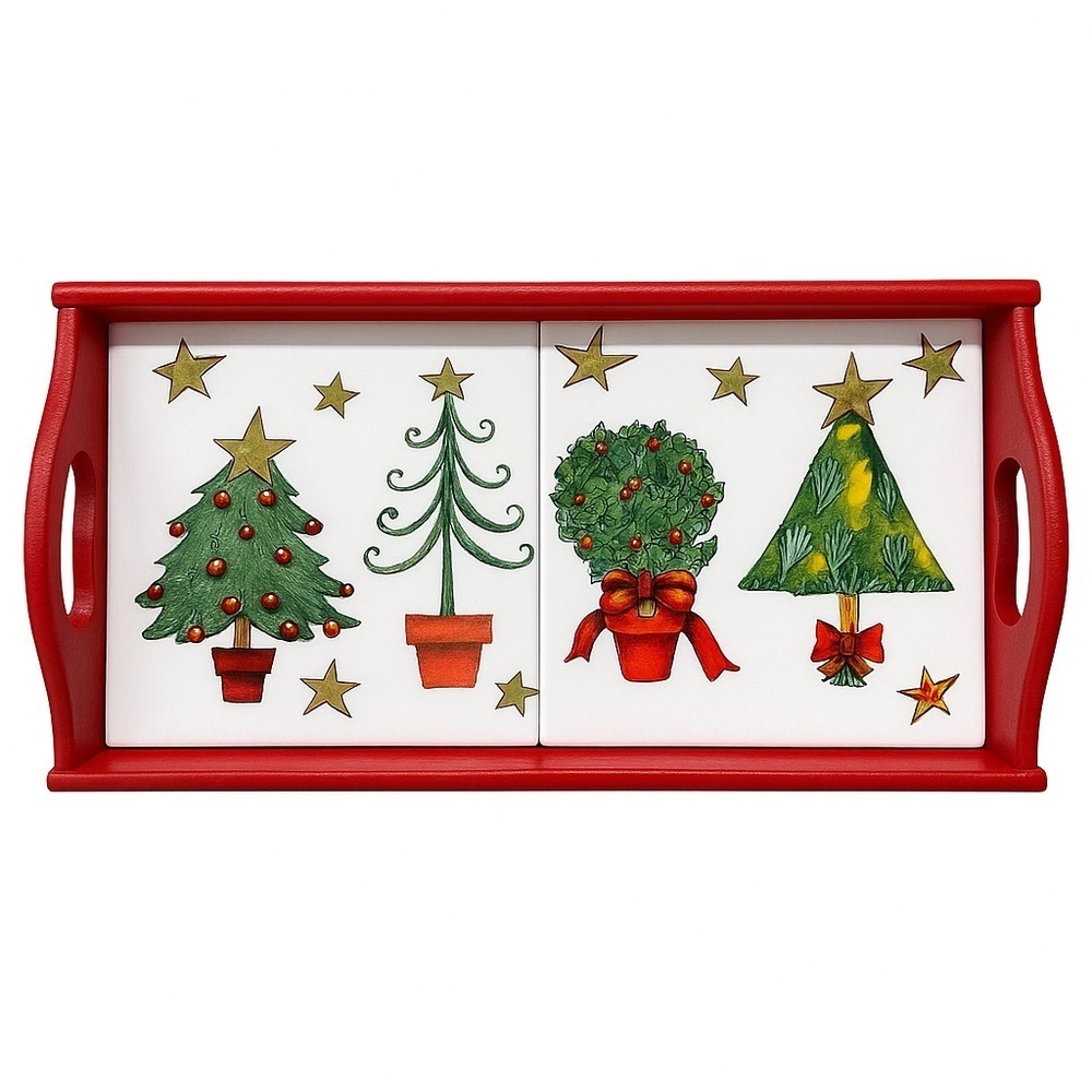Red Christmas Tray with Festive Tree Tile Inserts